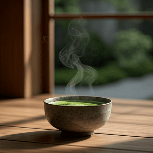 Steam rising from a premium matcha tea bowl in a serene setting, representing The Tea & Coffee Co. tea vending ritual