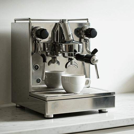 Close-up of a stainless steel espresso machine portafilter and group head, professional coffee equipment