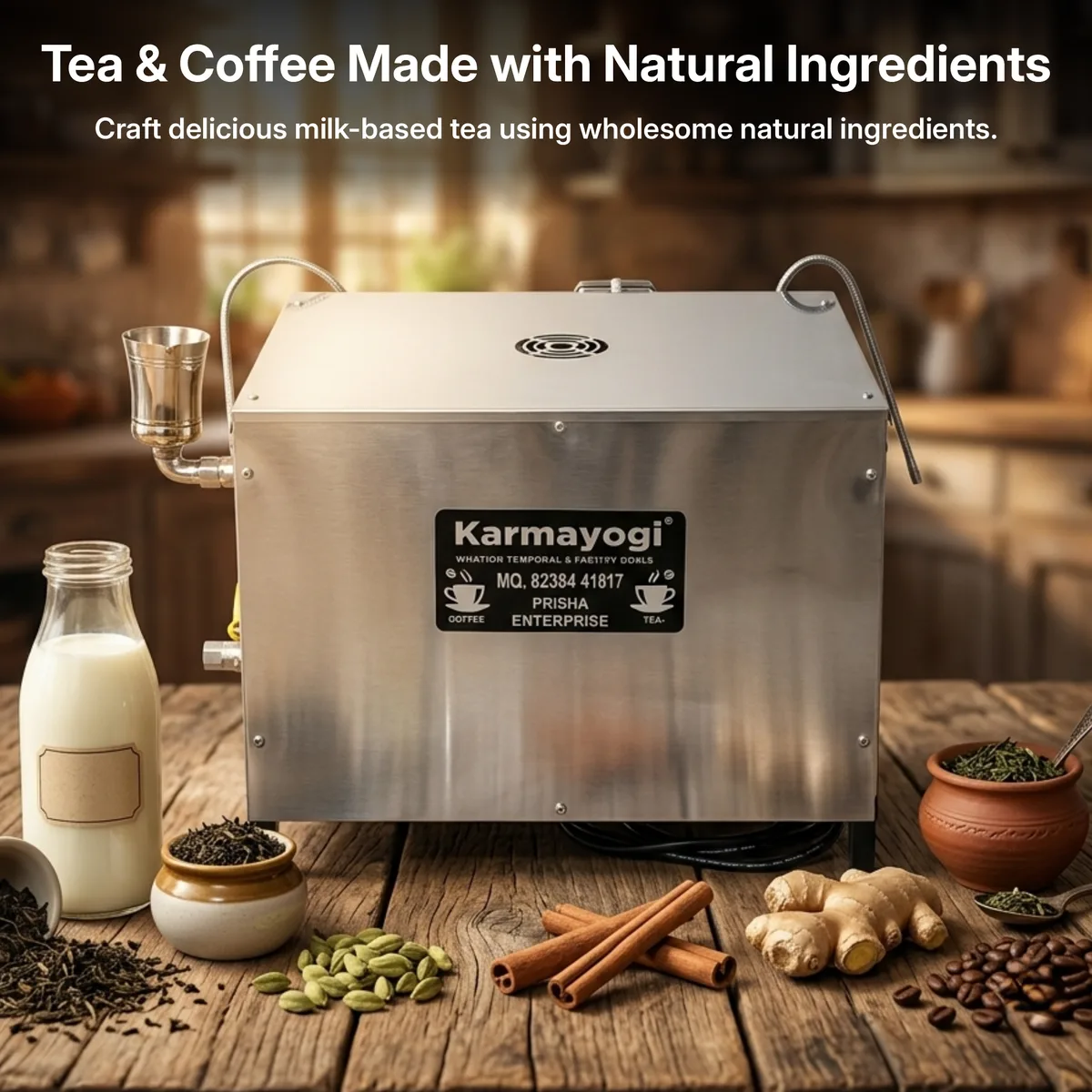 Karmayogi tea coffee machine on a wooden counter surrounded by fresh milk, tea leaves, ginger, cardamom, cinnamon and coffee beans