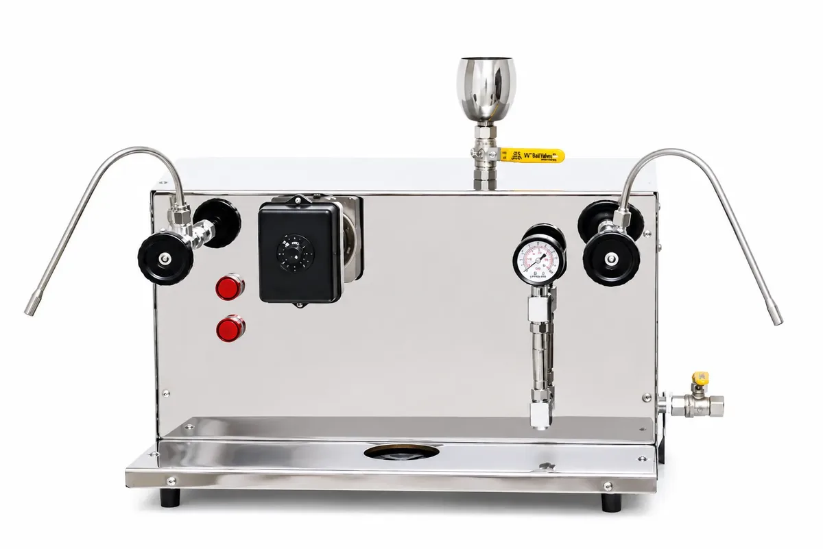Tea Coffee Store commercial steam tea and coffee machine, angled view showing the stainless steel body, steam wands and pressure gauge